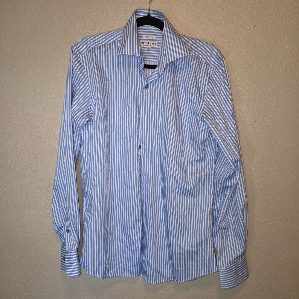 Modena Blue & White Striped Long Sleeve Dress Shirt - 15 34/35 (M)